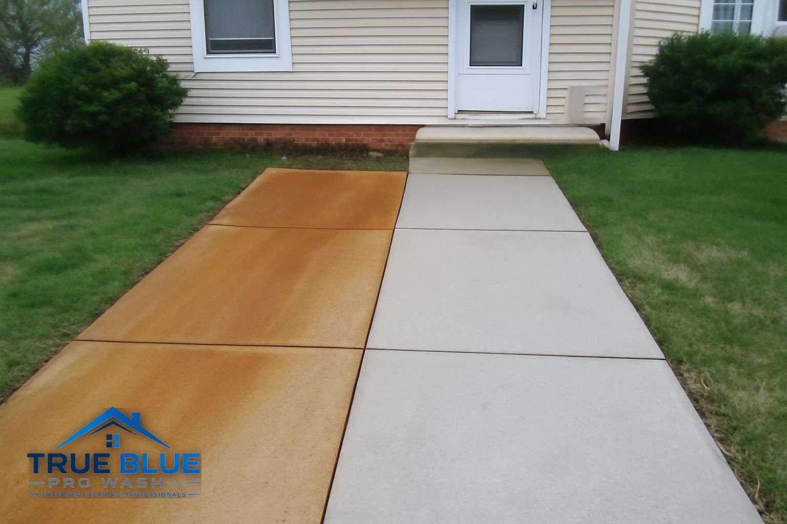 Clean concrete driveway in Pennsville NJ after professional rust stain removal by True Blue Pro Wash