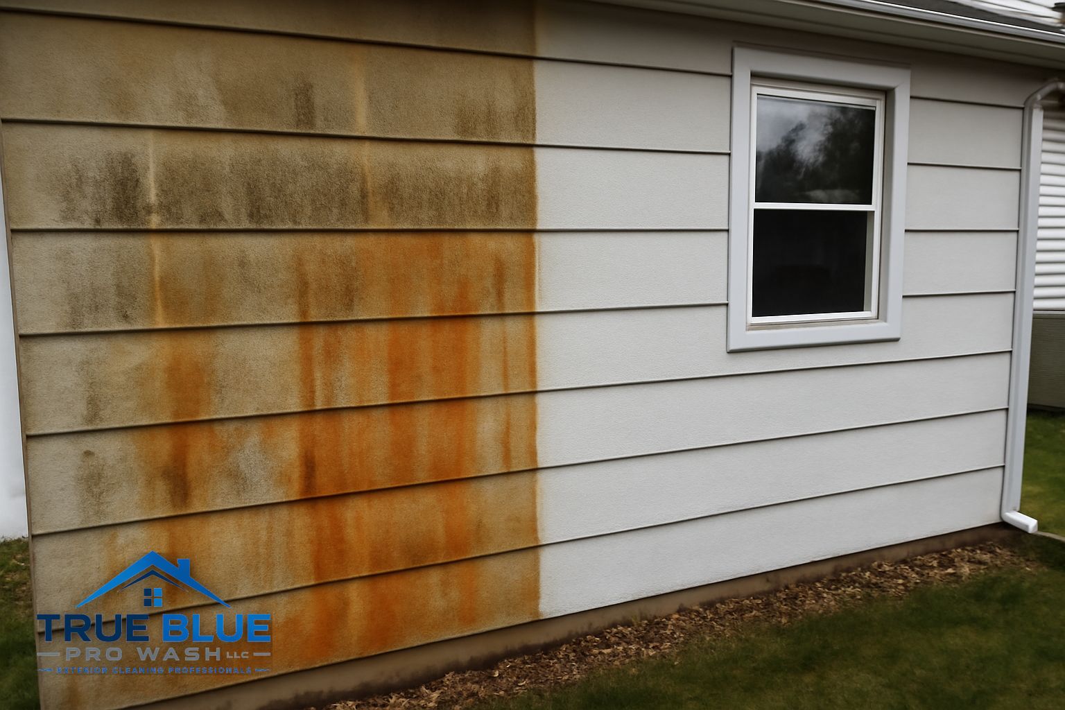 Orange rust streaks on a concrete driveway in a Wilmington Delaware neighborhood