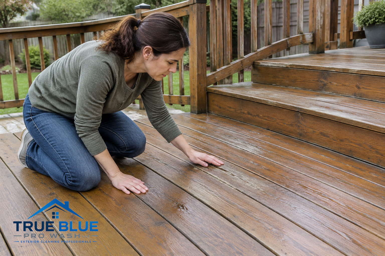 Person inspecting a previously stained wood deck for finish condition.