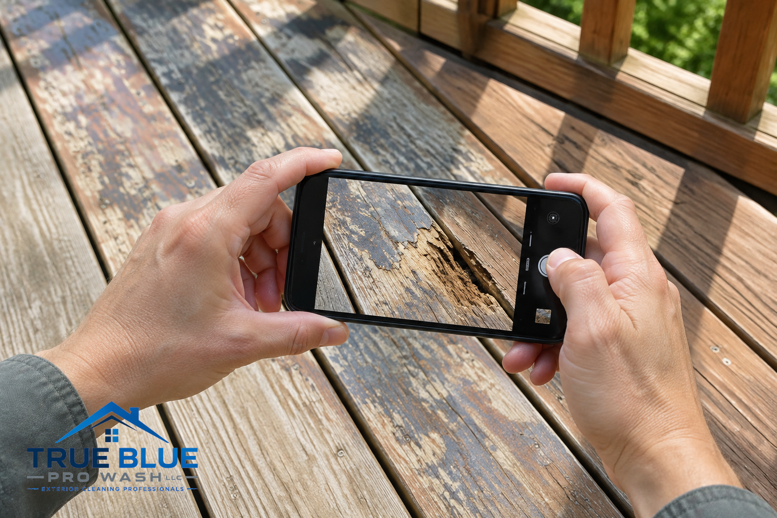 Taking a closeup photo of peeling stain and damaged area on a wood deck.