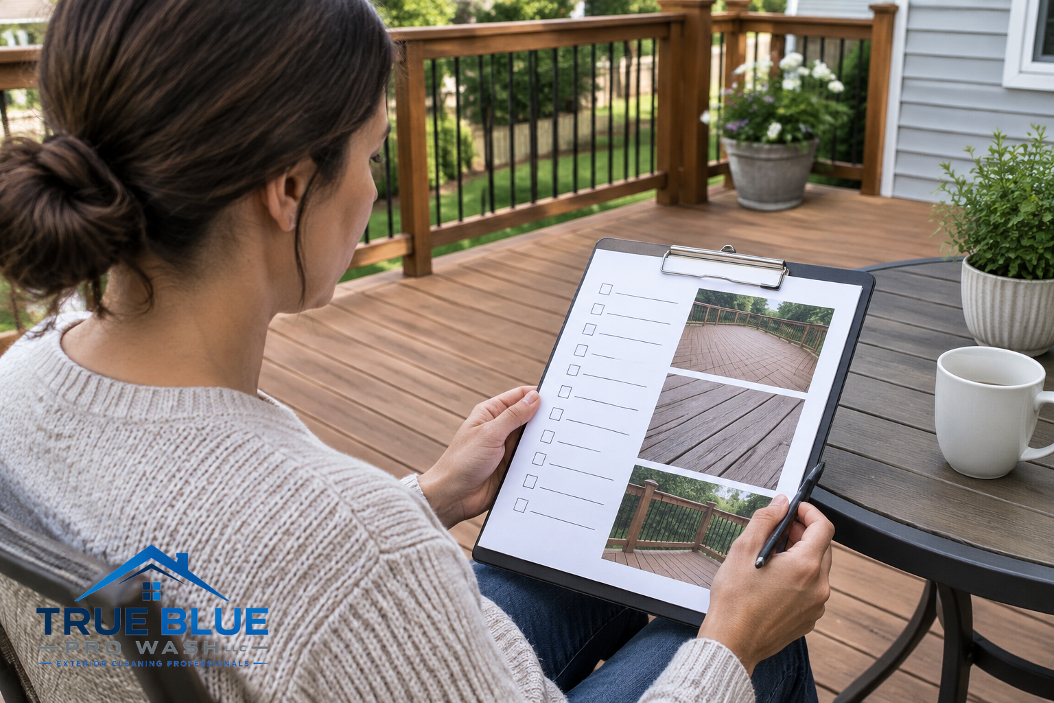 Reviewing deck cleaning checklist and photos outdoors at a table.