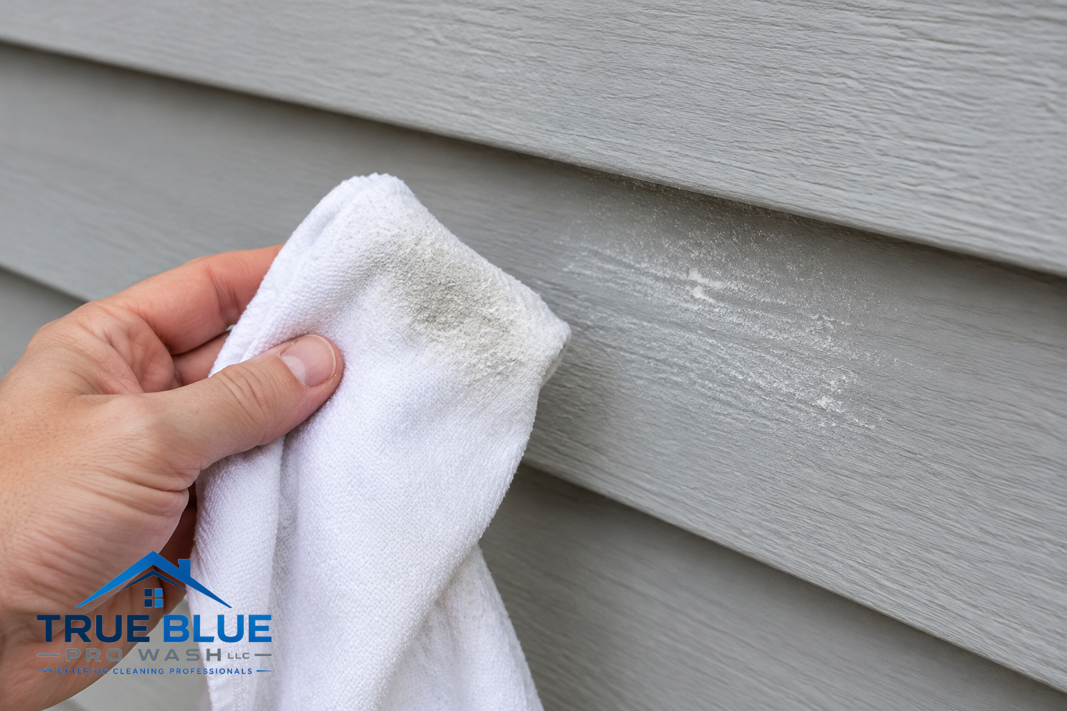 Cloth with powder residue after gently rubbing faded siding