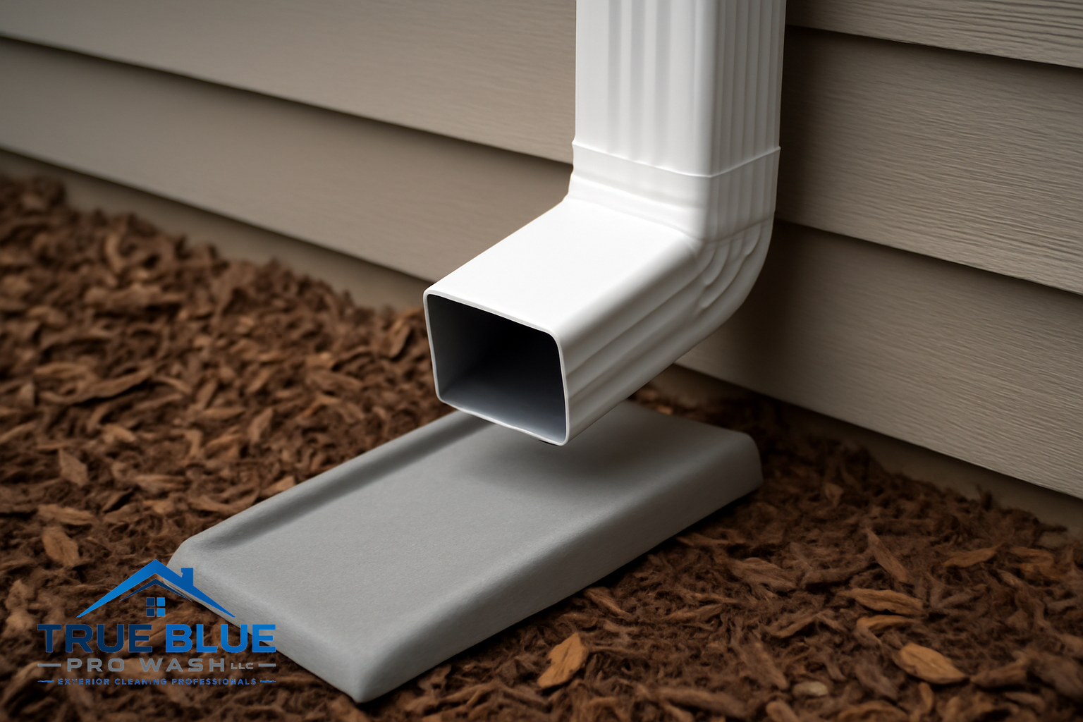 White downspout with an open rectangular outlet above a gray splash block.