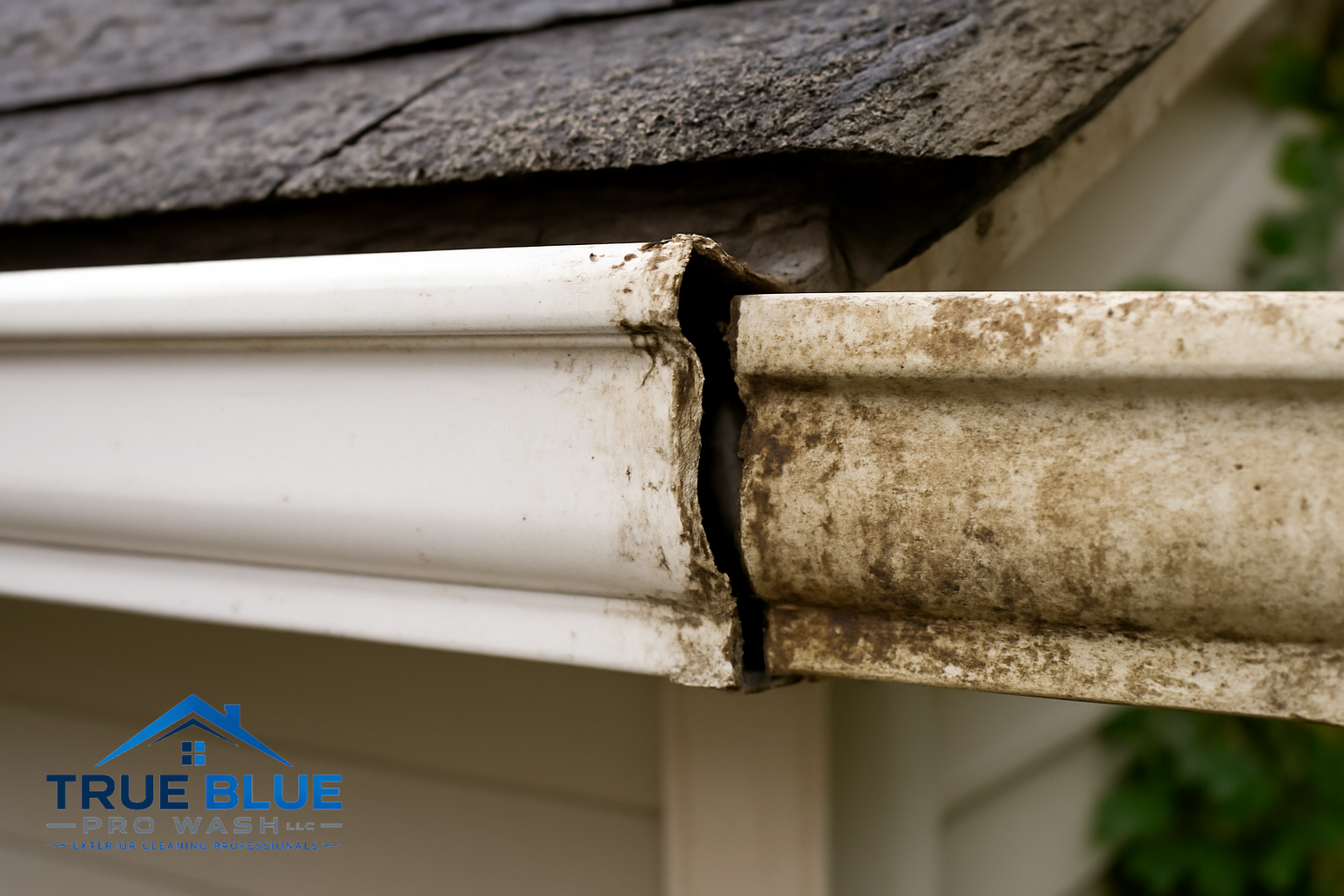 Gutter joint with gap and misalignment next to clean and dirty gutter sections.