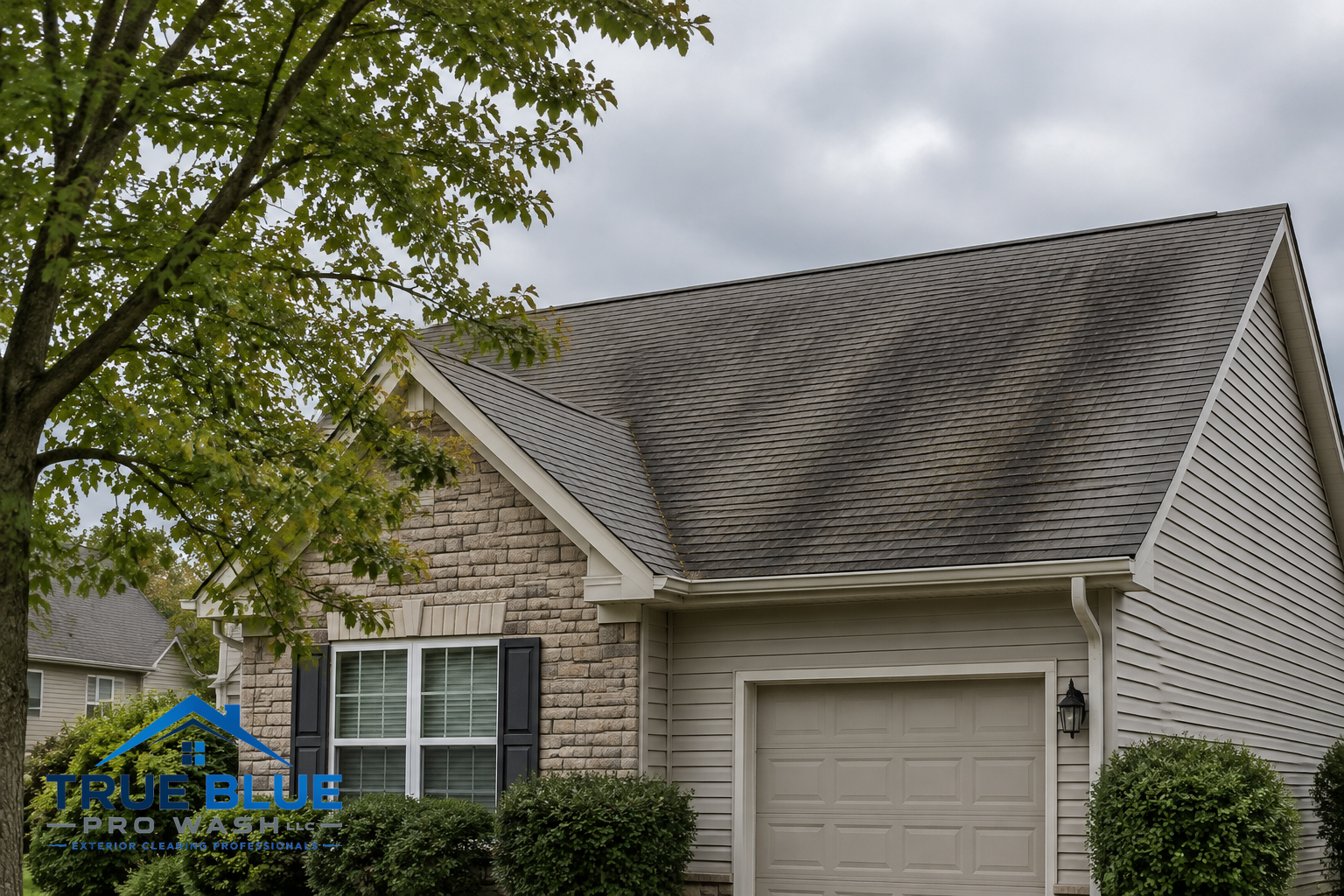 Photo showing a home's roof with dark streaks visible from the ground.