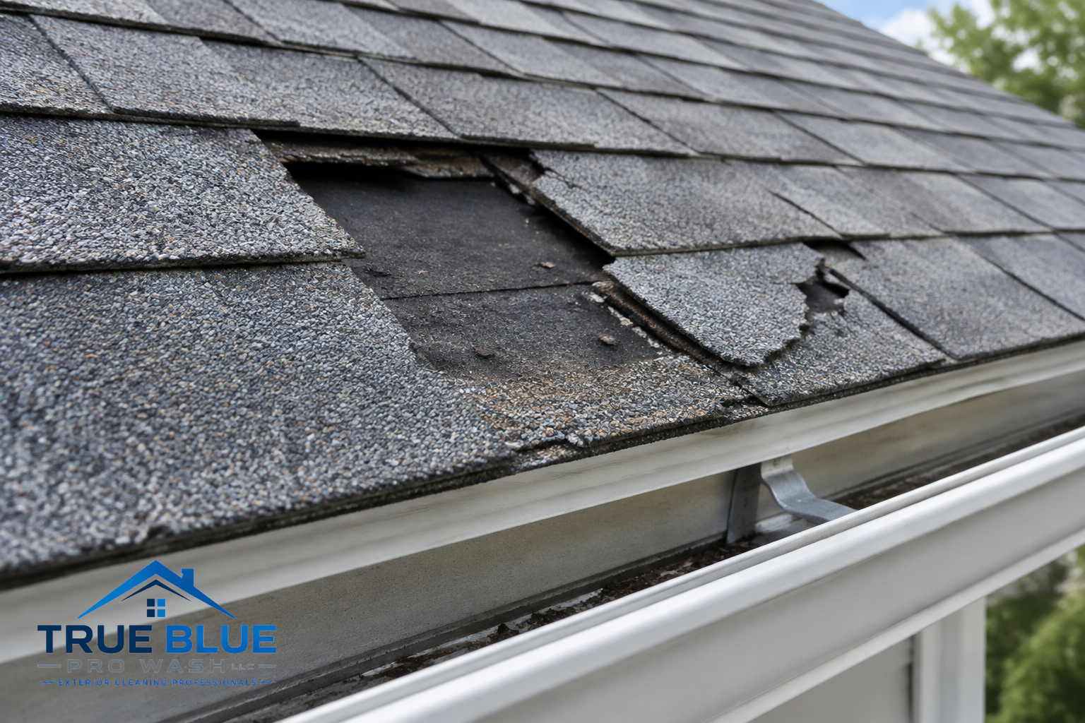 Photo showing a damaged section of roof with a missing shingle.