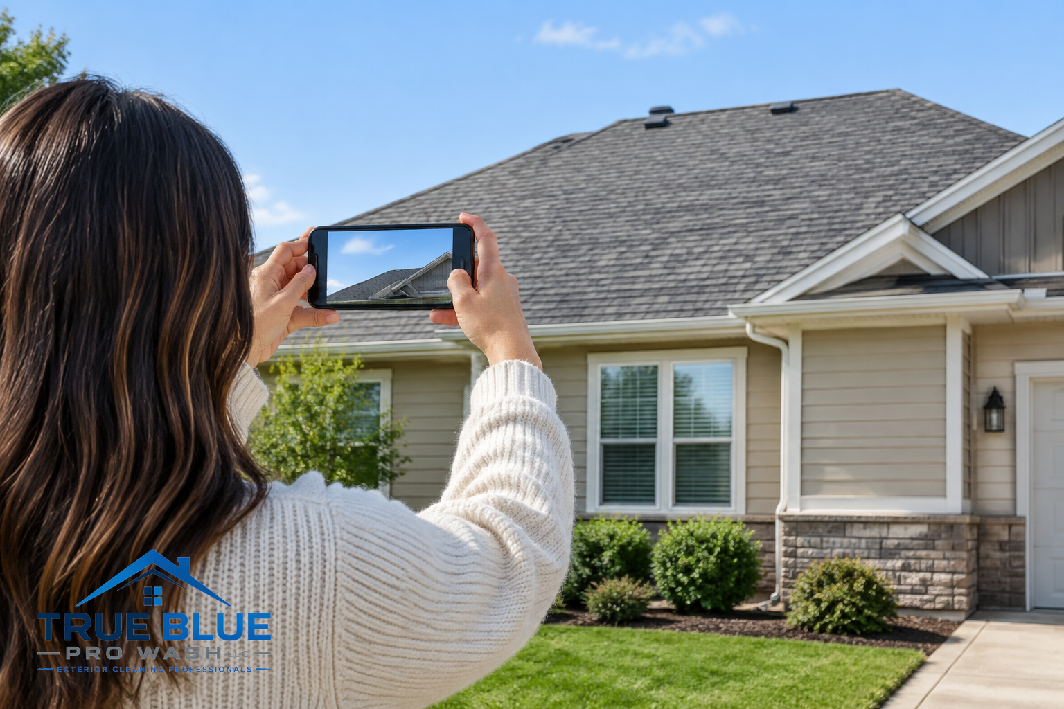 Person taking a photo of their home's roof from the ground using a smartphone.