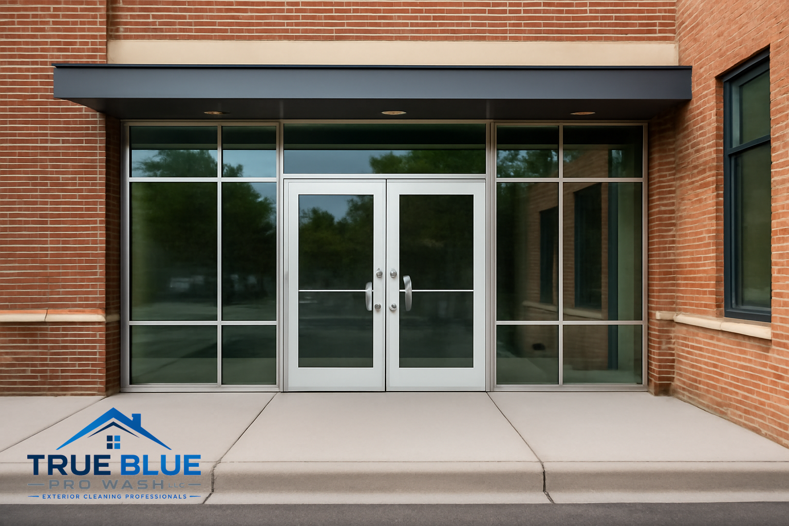 Storefront with wide sidewalk and glass entrance, showing distinct property boundaries.