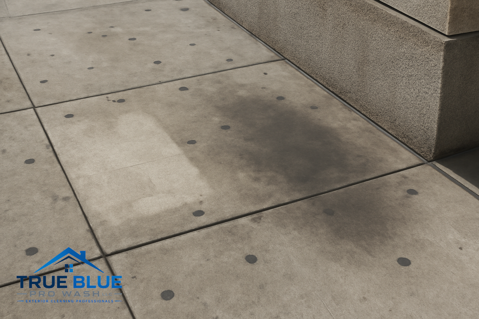 Close-up of commercial sidewalk with visible gum and grease stains near a building.