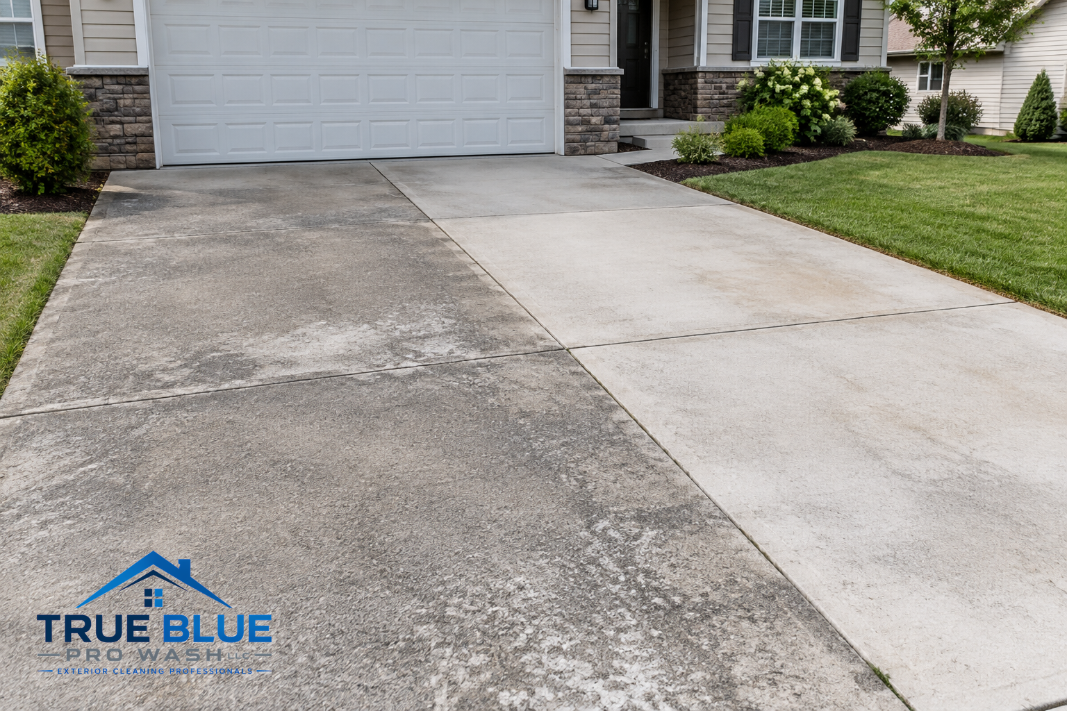 Concrete driveway with visible color differences and patchy surface areas in front of a suburban home.