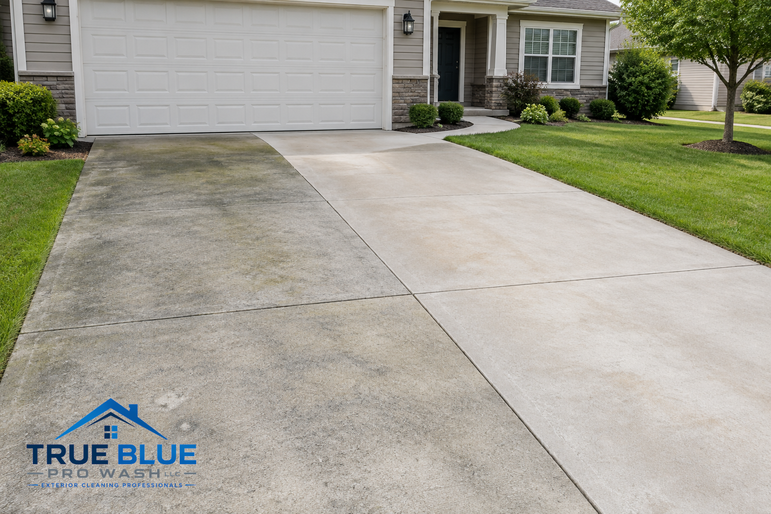Driveway with one section showing surface discoloration and another section with cleaner but uneven-toned concrete.