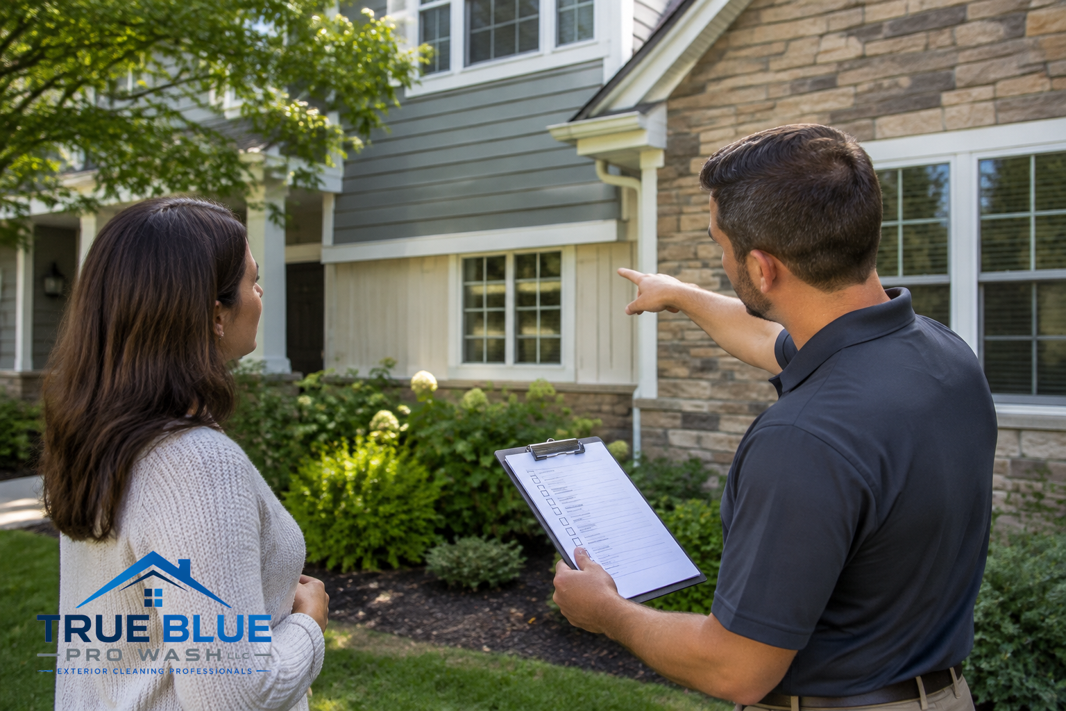 Homeowner and professional discussing which parts of a house will be cleaned, pointing at exterior walls and checking a checklist.