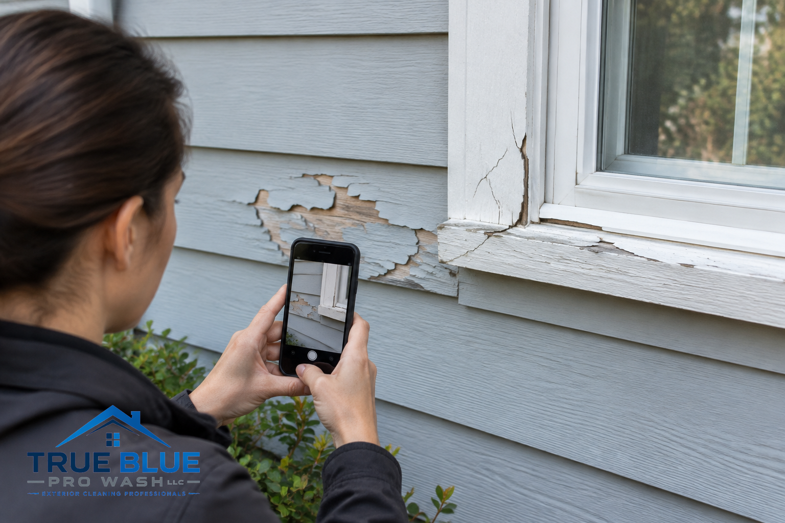 A person uses a phone to photograph peeling paint and damaged trim on house siding from the ground.