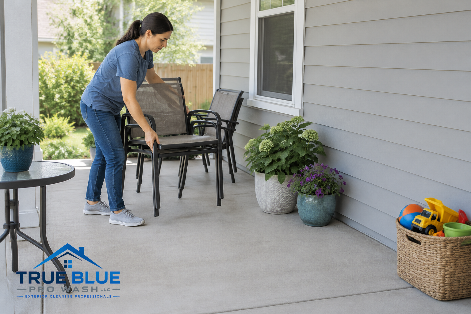A person clears outdoor items like chairs and potted plants from near the house wall to prepare for cleaning.